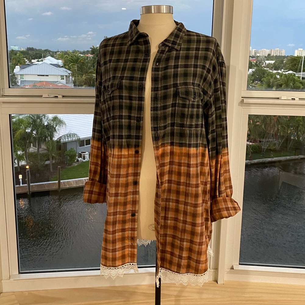 Vintage & reborn. Button down flannel shirt with lace trim & crocheted panel